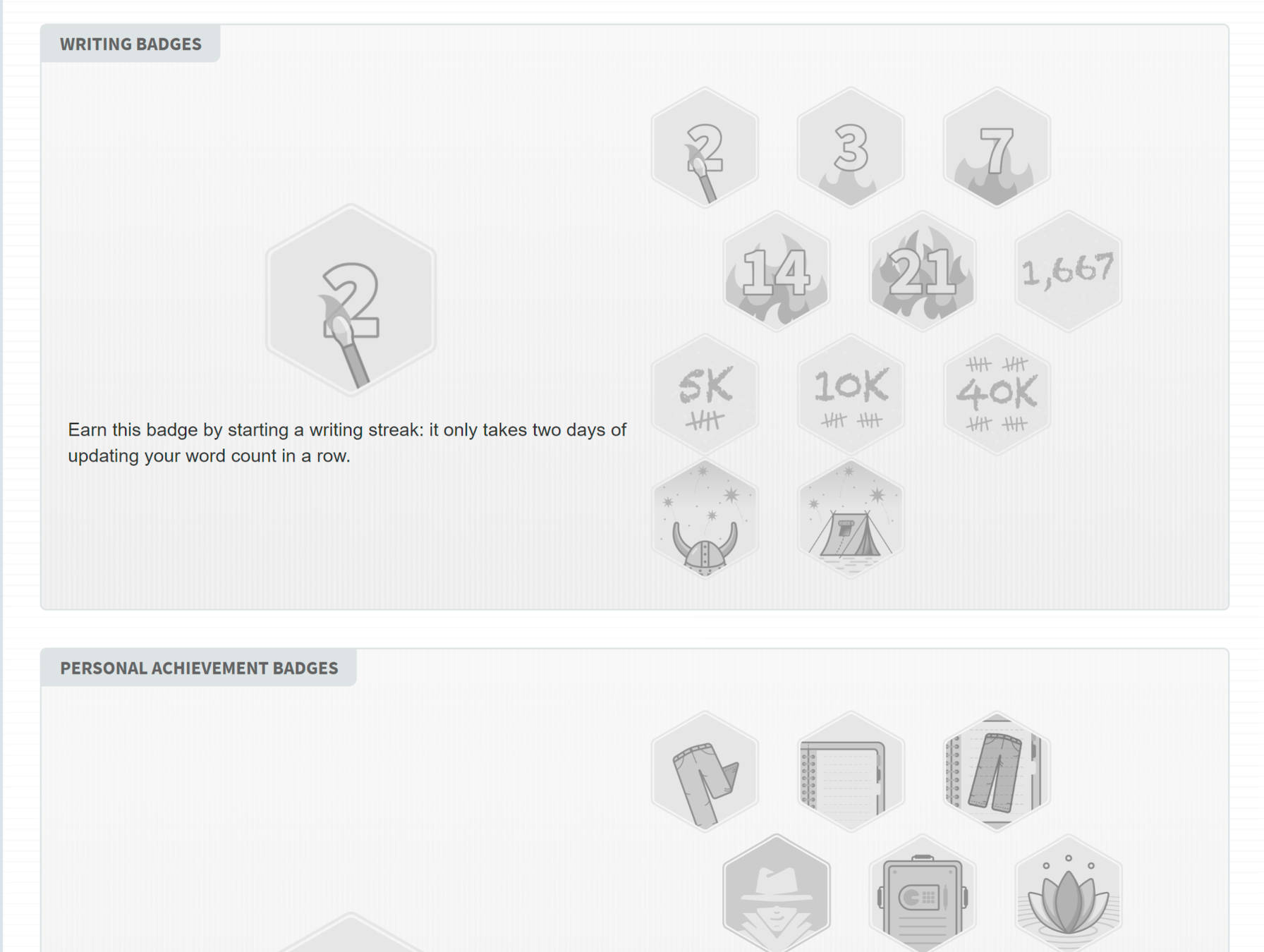 Escrita NaNoWriMo e distintivos de realização pessoal.