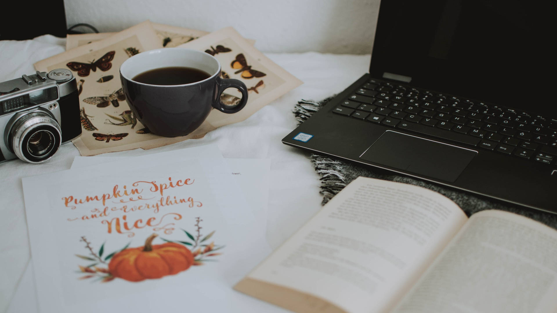 Декоративное изображение ноутбука, книги и произведения искусства.