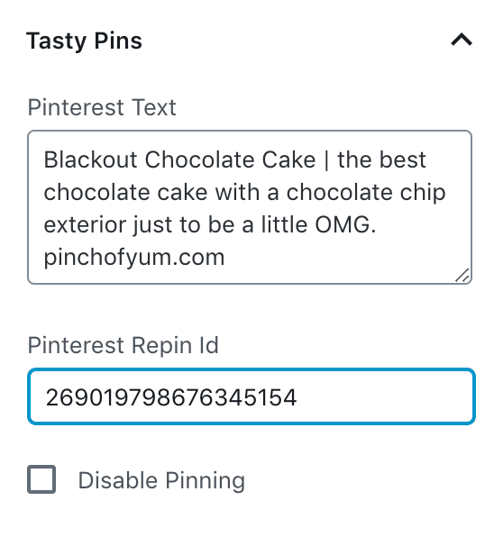 ฟิลด์ Pinterest Repin ID ในแถบด้านข้างบล็อก WordPress ในตัวแก้ไข