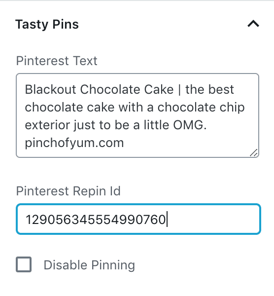Bidang ID Repin Pinterest di bilah sisi blok gambar WordPress