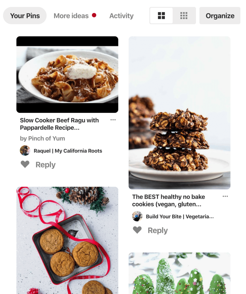 Beberapa pin di papan di Pinterest, dengan video YouTube memiliki bilah hitam di atas dan bawah gambar mini (untuk mengambil ruang) dan jejak kecil dari pin video di halaman