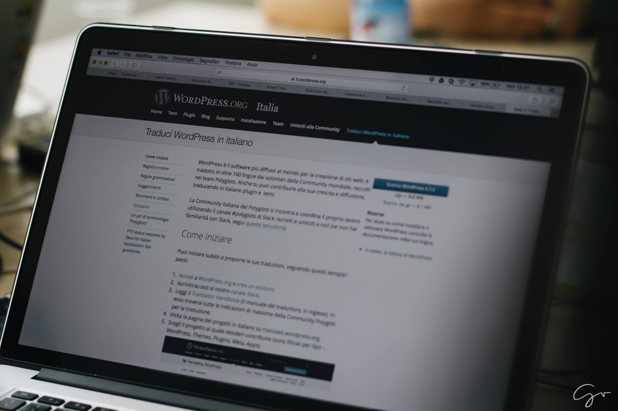 Captura de tela da documentação para traduzir o WordPress para o italiano