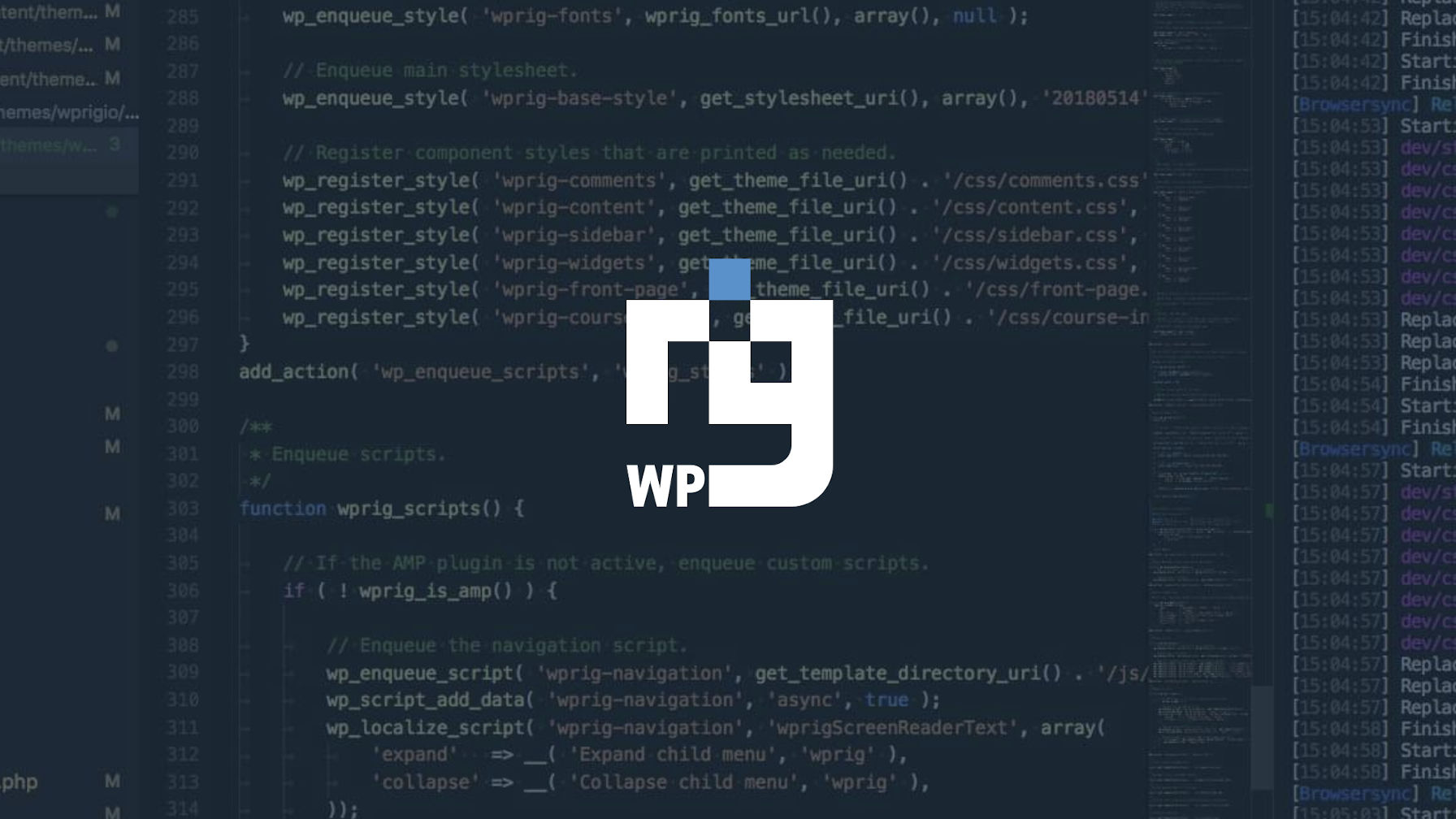 Imagem decorativa do logotipo WP Rig com um editor de código em segundo plano.