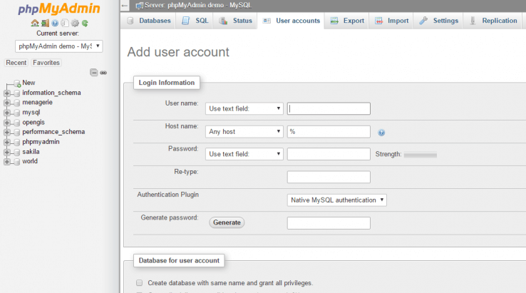 Aggiunta di un utente tramite phpMyAdmin.