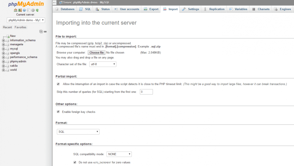 Scheda di importazione di phpMyAdmin.