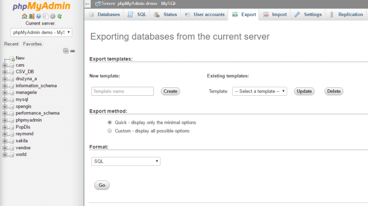 Esportazione del database.