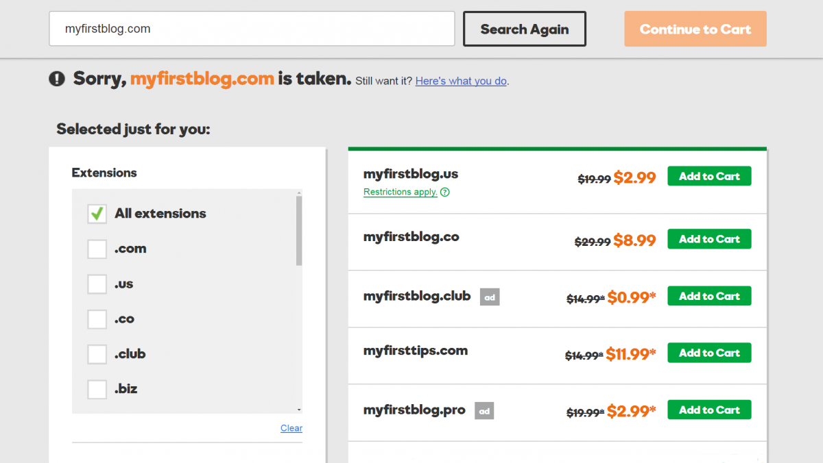 GoDaddy'de bir alan adı araması.