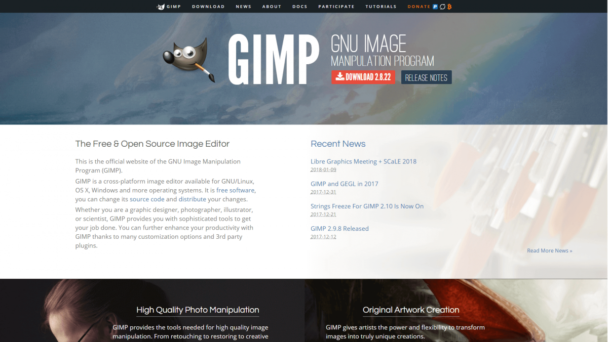 Gimpのホームページ。