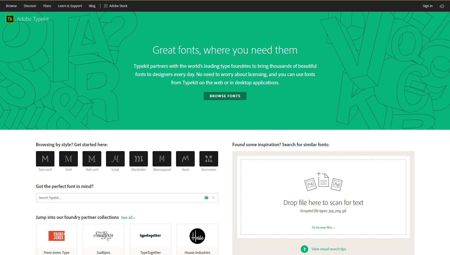 Домашняя страница Adobe Typekit.