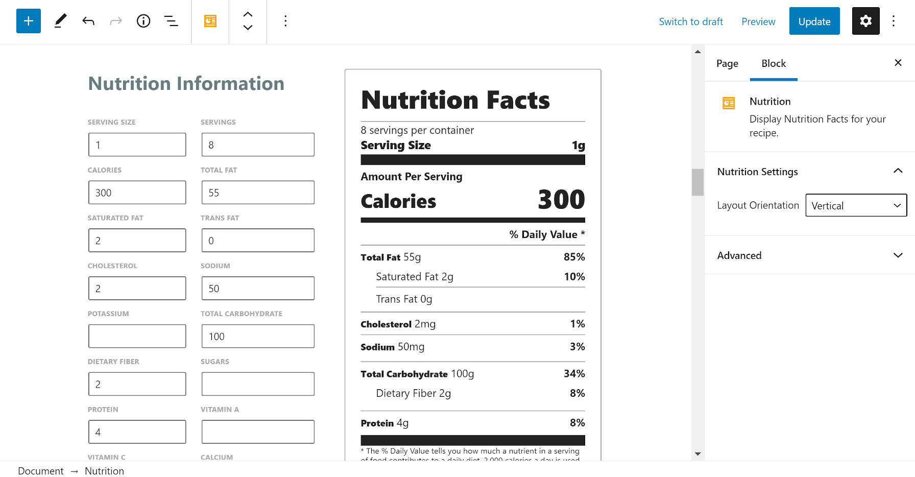 Bloc de informații nutriționale din pluginul Recipe Card Blocks.