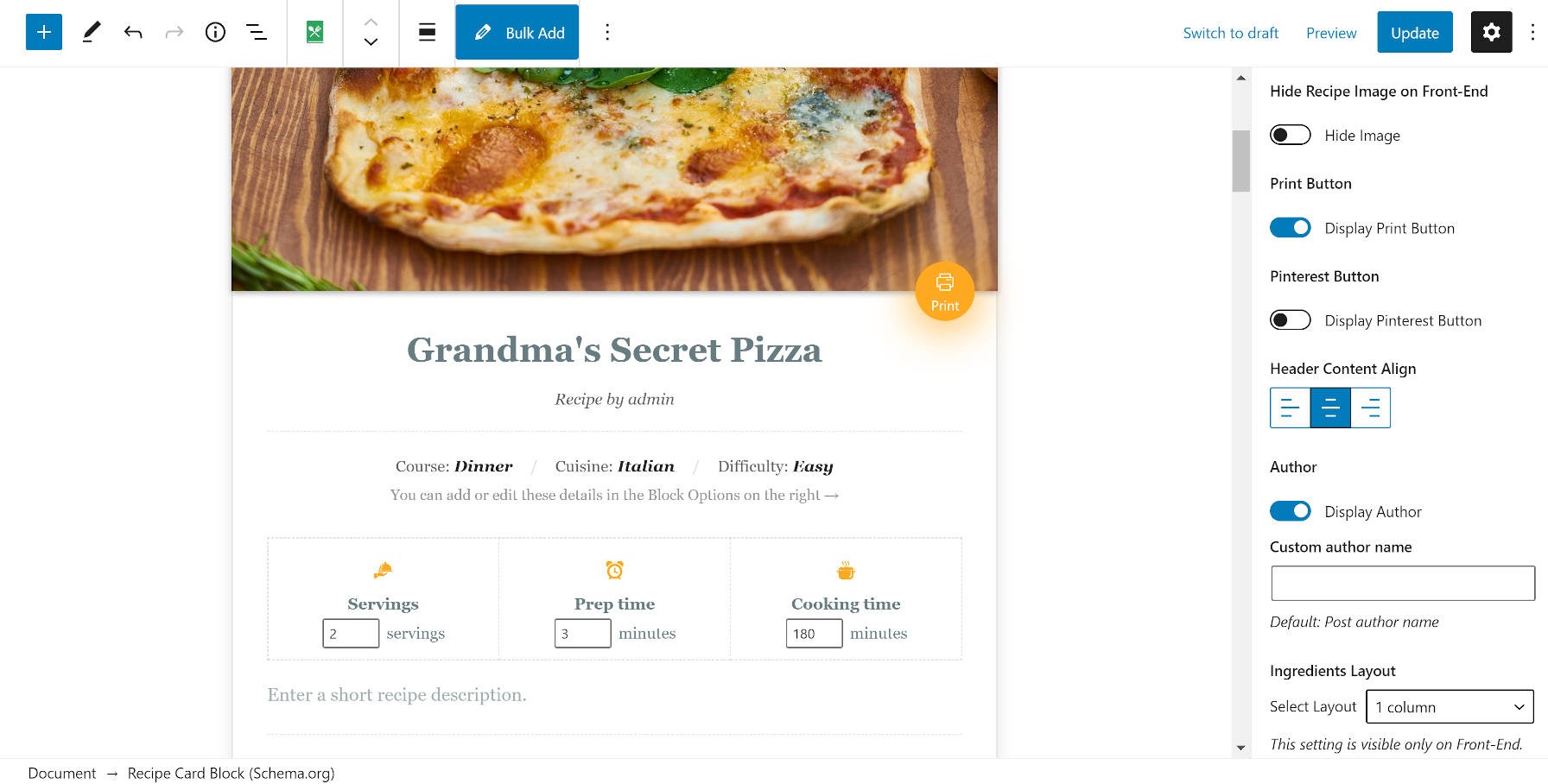 Blocarea cardului de rețetă în editorul WordPress.