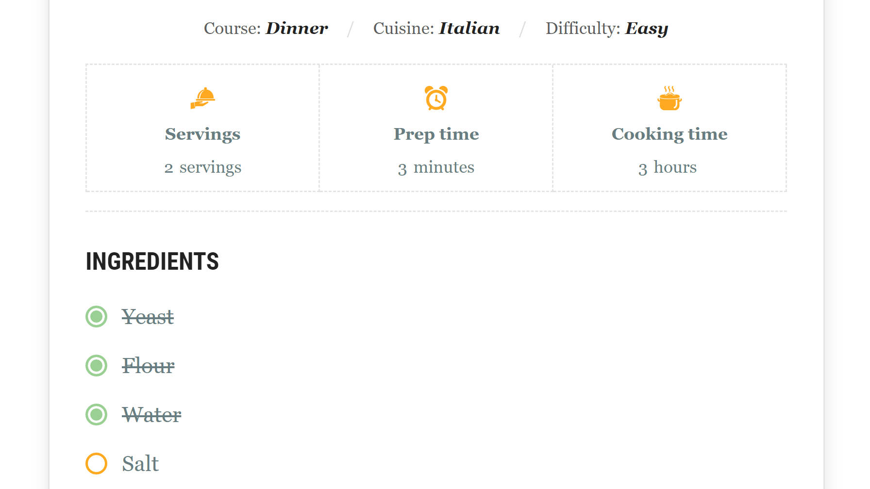 Bifarea articolelor din lista de ingrediente din pluginul Blocuri de carduri de rețetă.