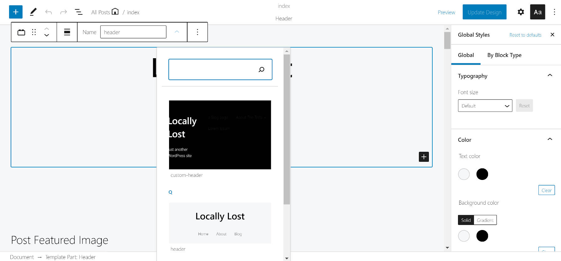 Выбор части шаблона для шапки в редакторе сайта Гутенберга.