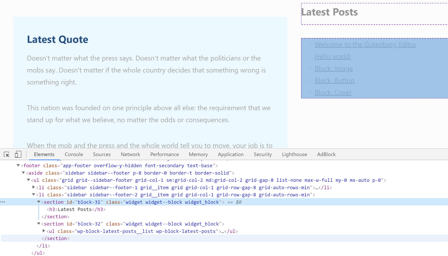 Visualização ao vivo e de código de HTML de wrapper de widget incorreto em Gutenberg.