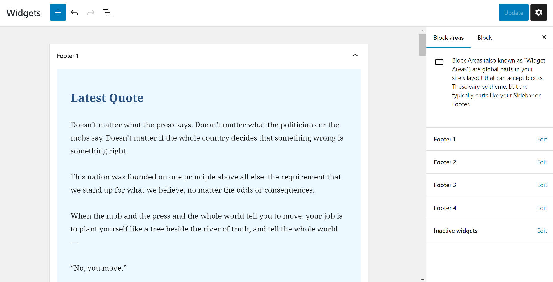 Adicionando um widget à tela de edição de widgets no Gutenberg.