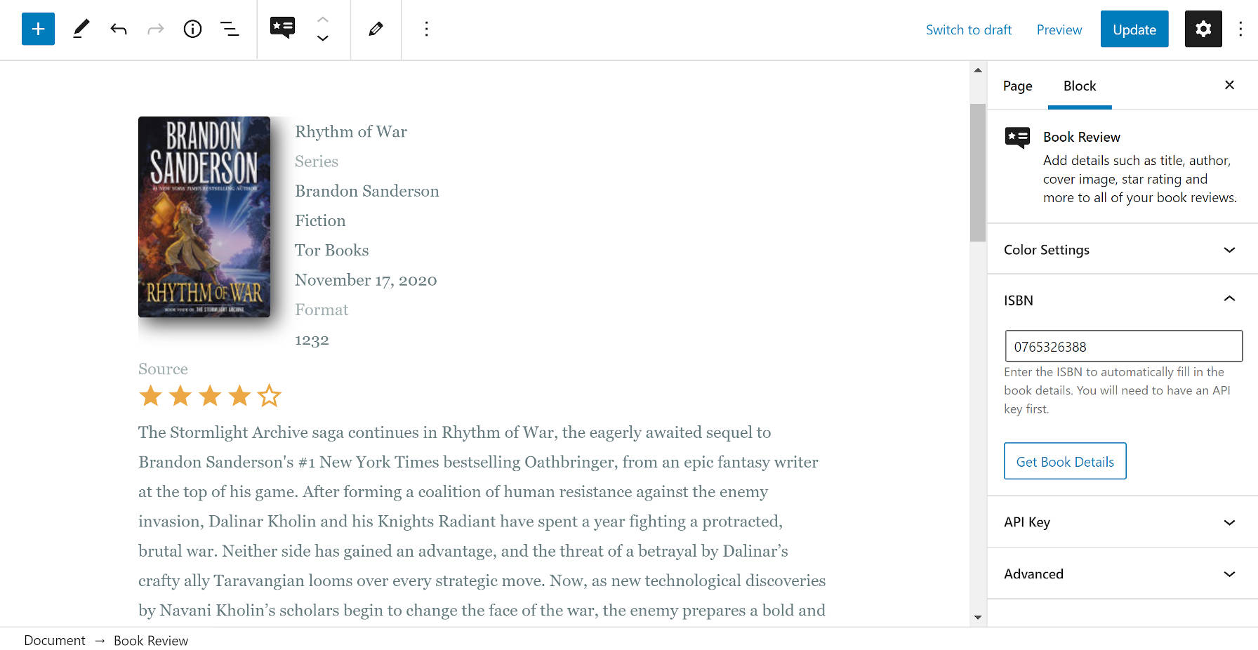 Usando o Bloco de Revisão de Livros no editor do WordPress.