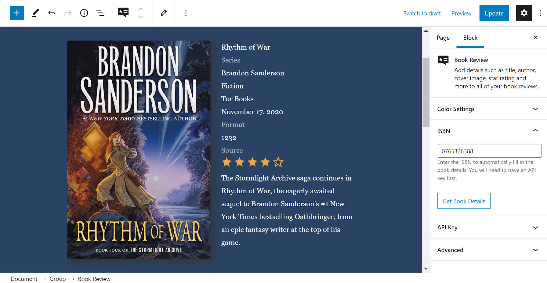 Envolvendo o bloco Book Review dentro de um bloco Group no editor do WordPress.