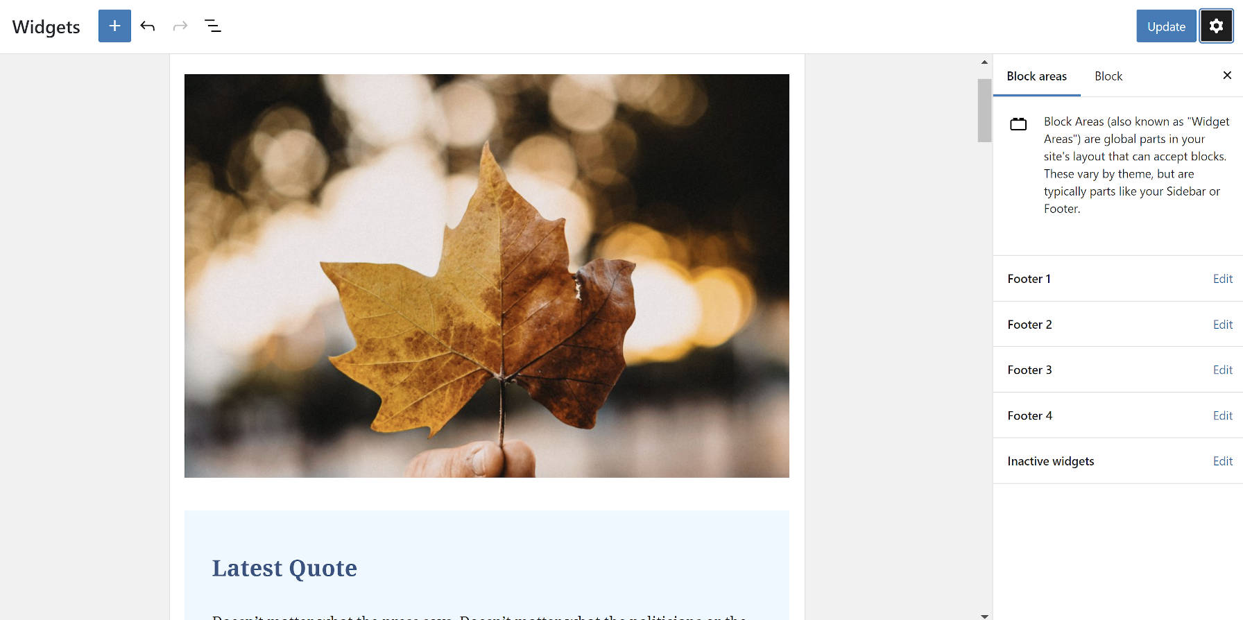 หน้าจอผู้ดูแลระบบวิดเจ็ตจากปลั๊กอิน Gutenberg 9.1.1 WordPress