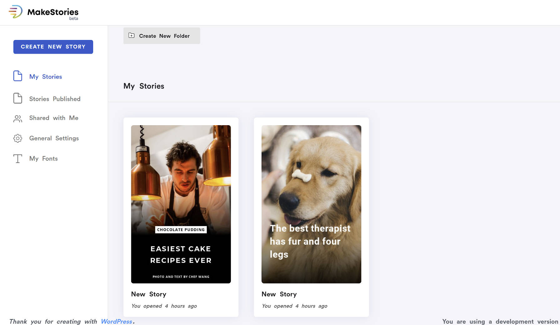 MakeStoriesプラグインストーリー管理画面。