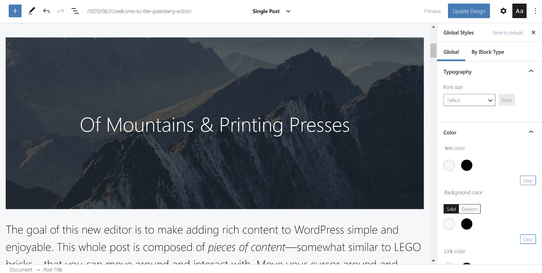 Gutenberg 플러그인의 사이트 편집기 베타에서 Q 테마 사용.