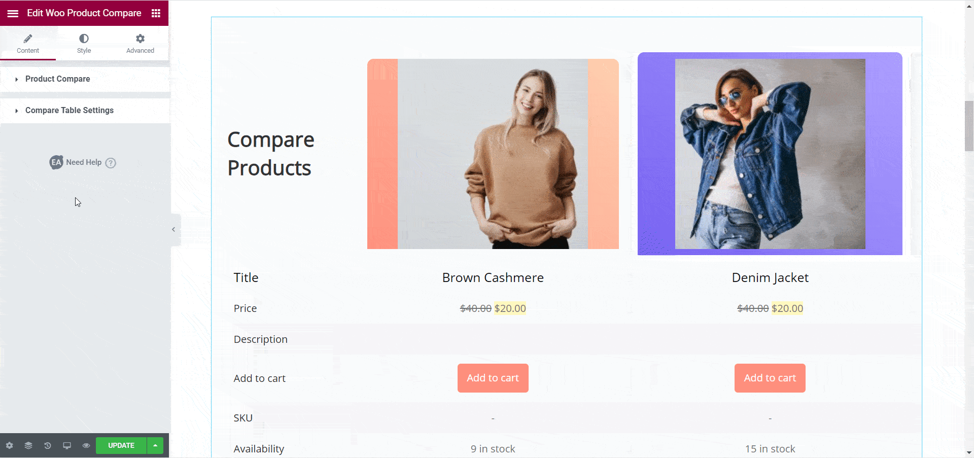 Elementor8用のEAWooCommerce製品比較ウィジェットの紹介 WooCommerce Product Compare