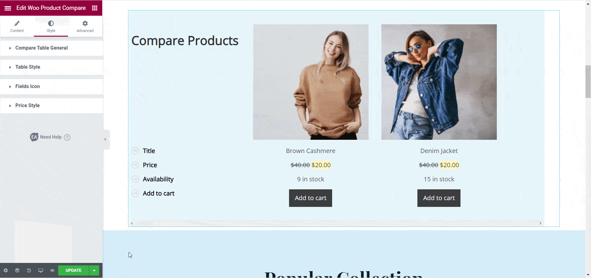 Elementor11用のEAWooCommerce製品比較ウィジェットの紹介 WooCommerce Product Compare