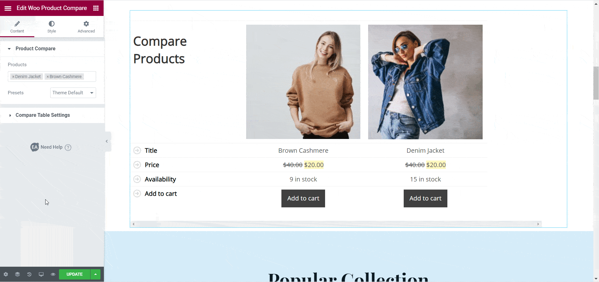 Elementor10用のEAWooCommerce製品比較ウィジェットの紹介 WooCommerce Product Compare