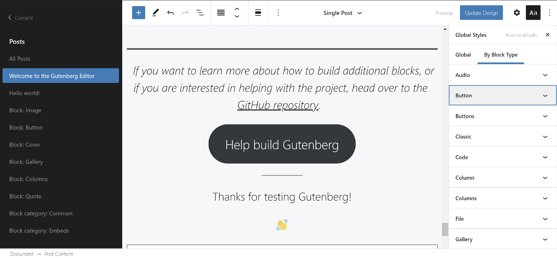 Captură de ecran a sistemului de stil global în viitorul editor de site.