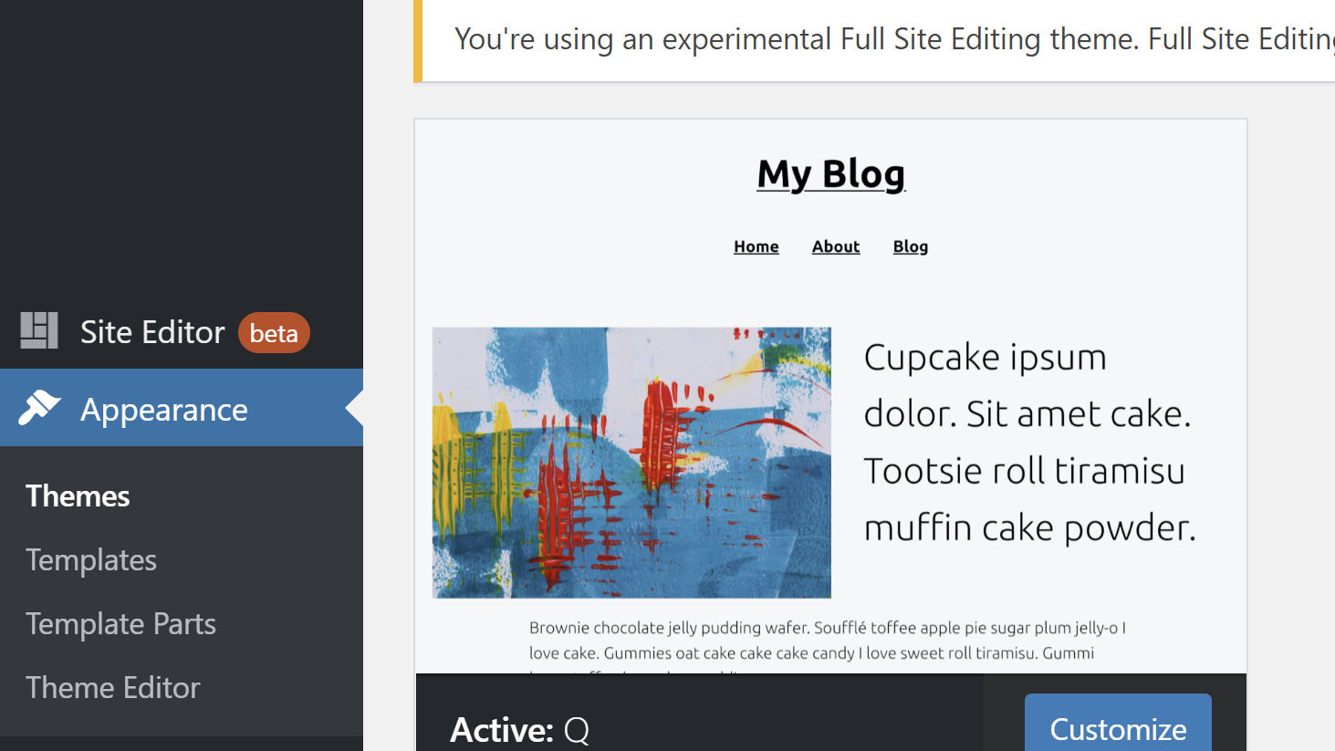 Layar tema di admin WordPress, menampilkan item menu Penyesuai dan Widget yang hilang.