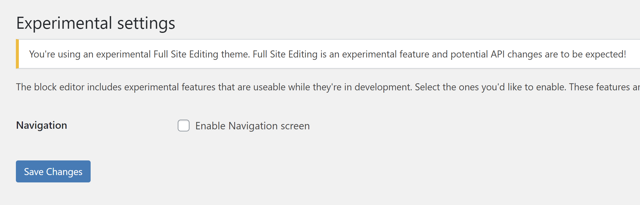 Pemberitahuan yang diberikan pada layar Percobaan Gutenberg bahwa pengguna menggunakan tema FSE.