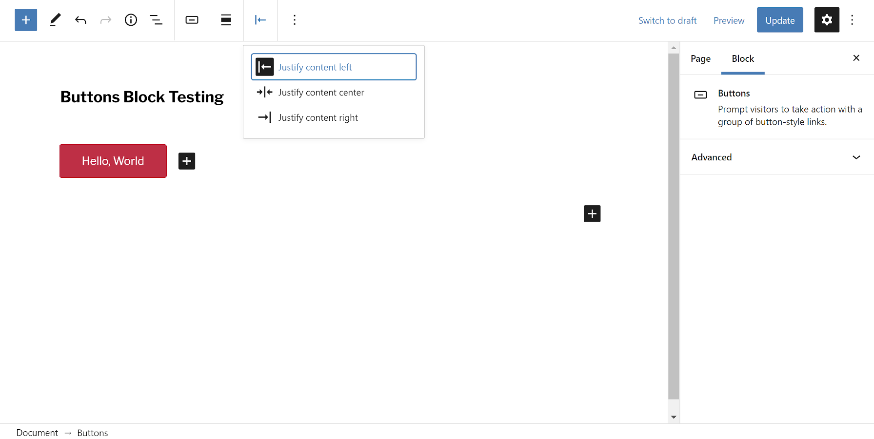 Opsi pembenaran konten baru untuk blok Tombol di editor.