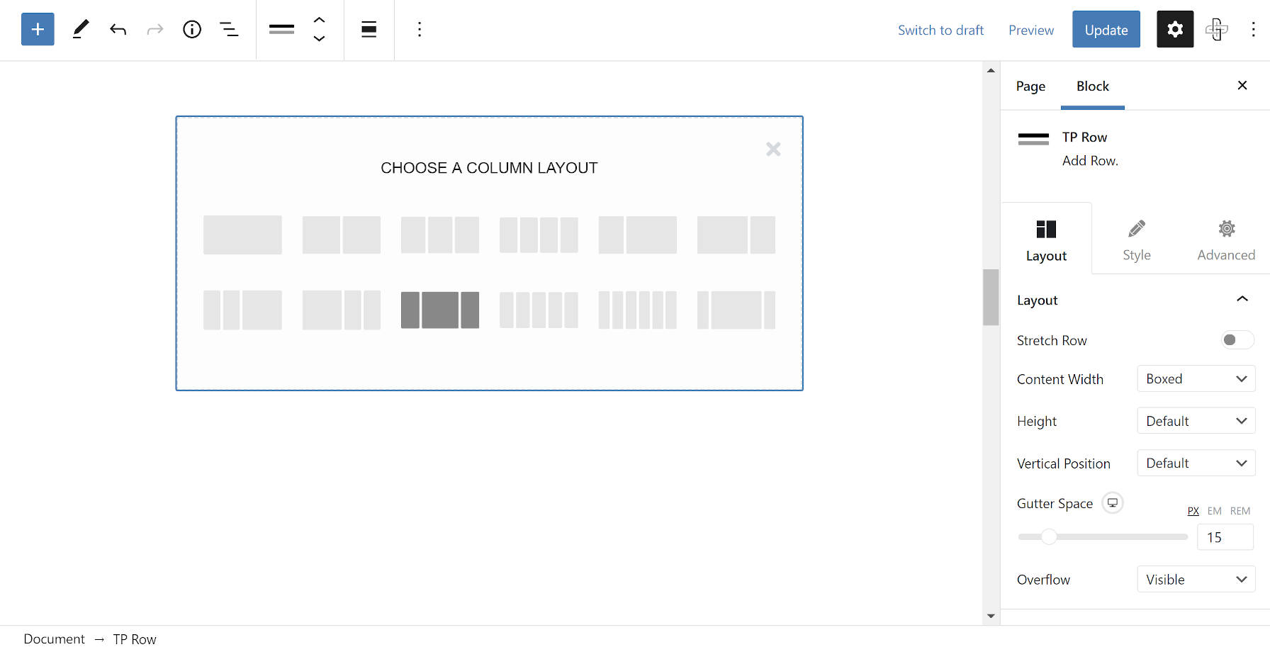 استخدام كتلة TP Row لإنشاء أعمدة في محرر WordPress.