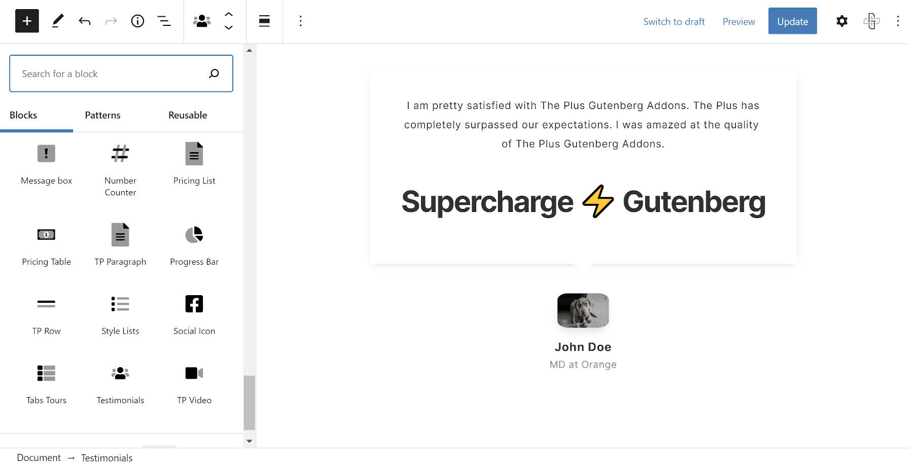 إدراج كتلة شهادات من إضافة Plus Addons for Gutenberg.