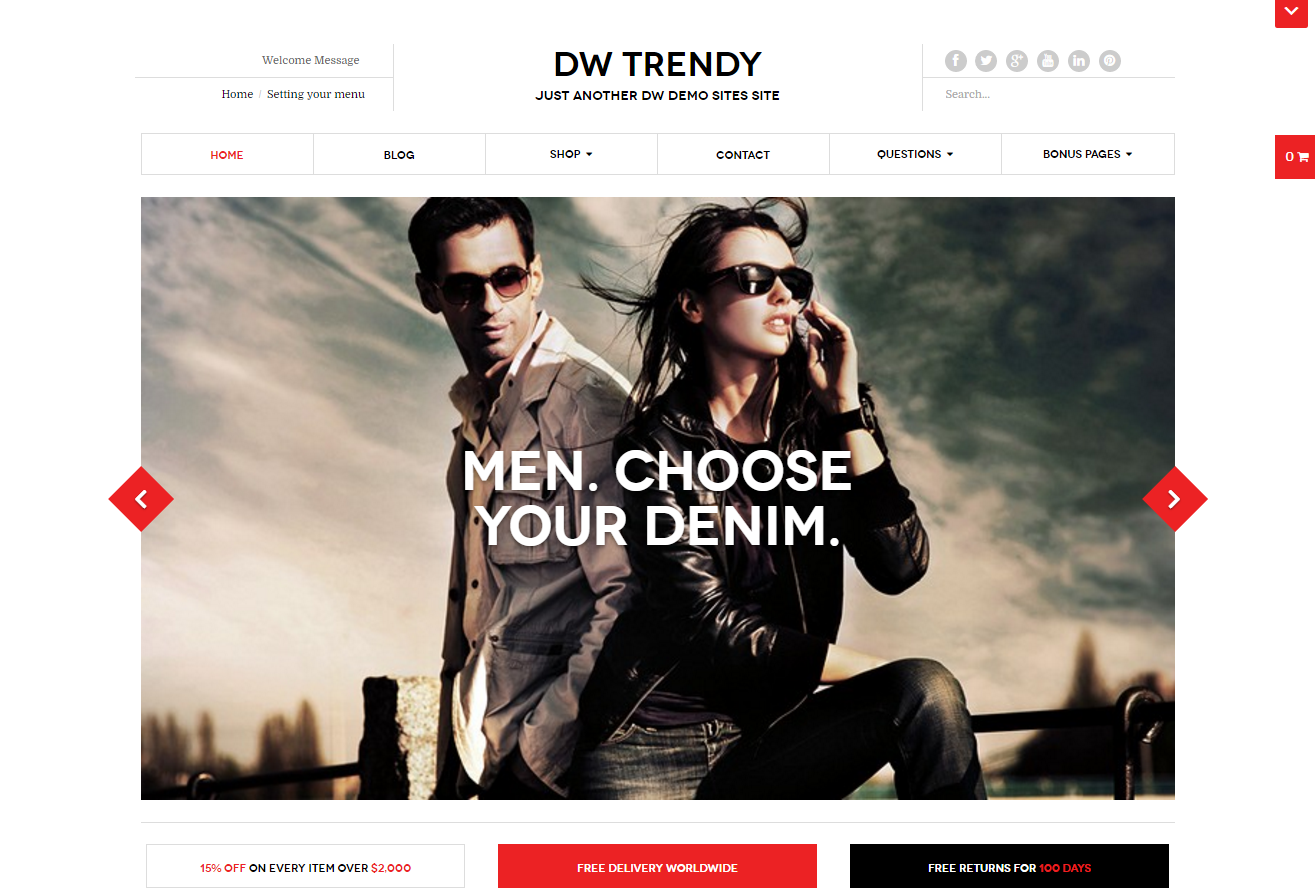 DesignWall'ın DW Trendy Business WordPress Teması, web sitesinin başlığında, slaydı değiştirmek için fareyle üzerine gelindiğinde önceki/sonraki ok düğmelerinin rengini değiştiren bir görüntü kaydırıcısına sahiptir.