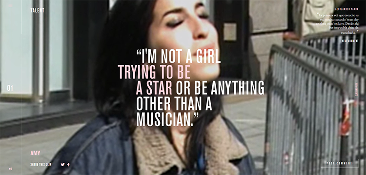 Amy Winehouse biyografik web sitesi - hamburger menü simgesine basıldığında bir gezinme çubuğu belirir, her menü öğesi fareyle üzerine gelindiğinde yeni bir görüntü göstererek tepki verir.