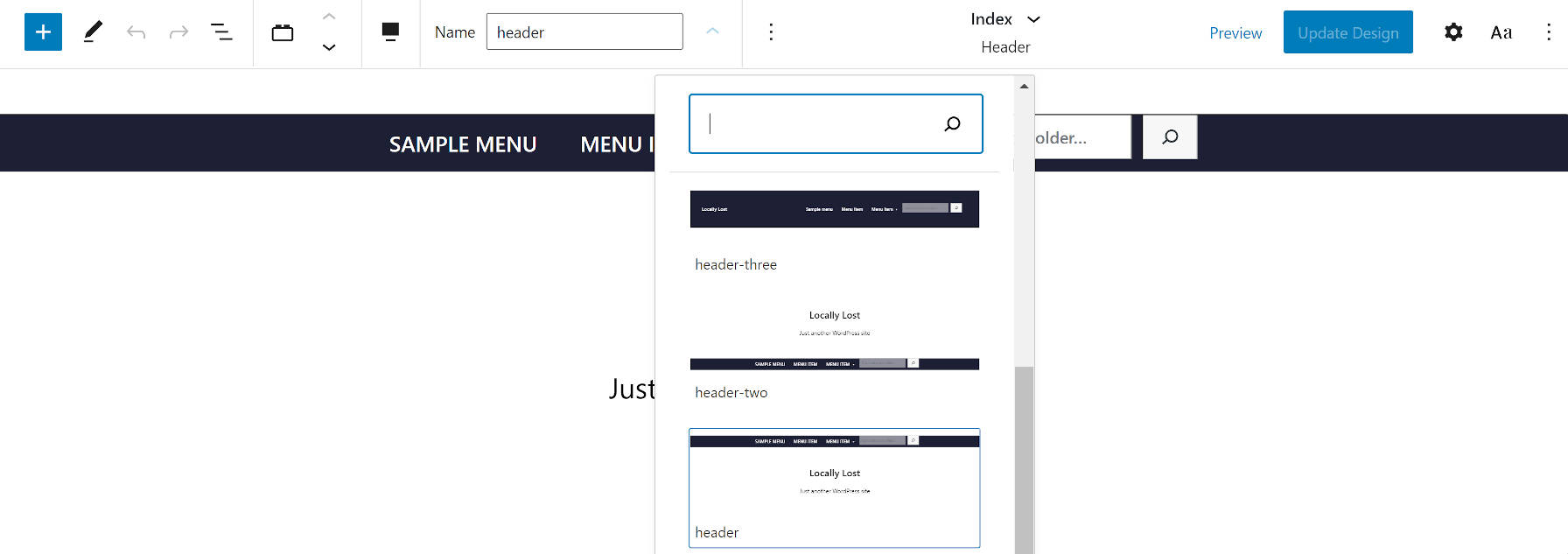 ArmandoWordPressテーマヘッダーテンプレートの選択。