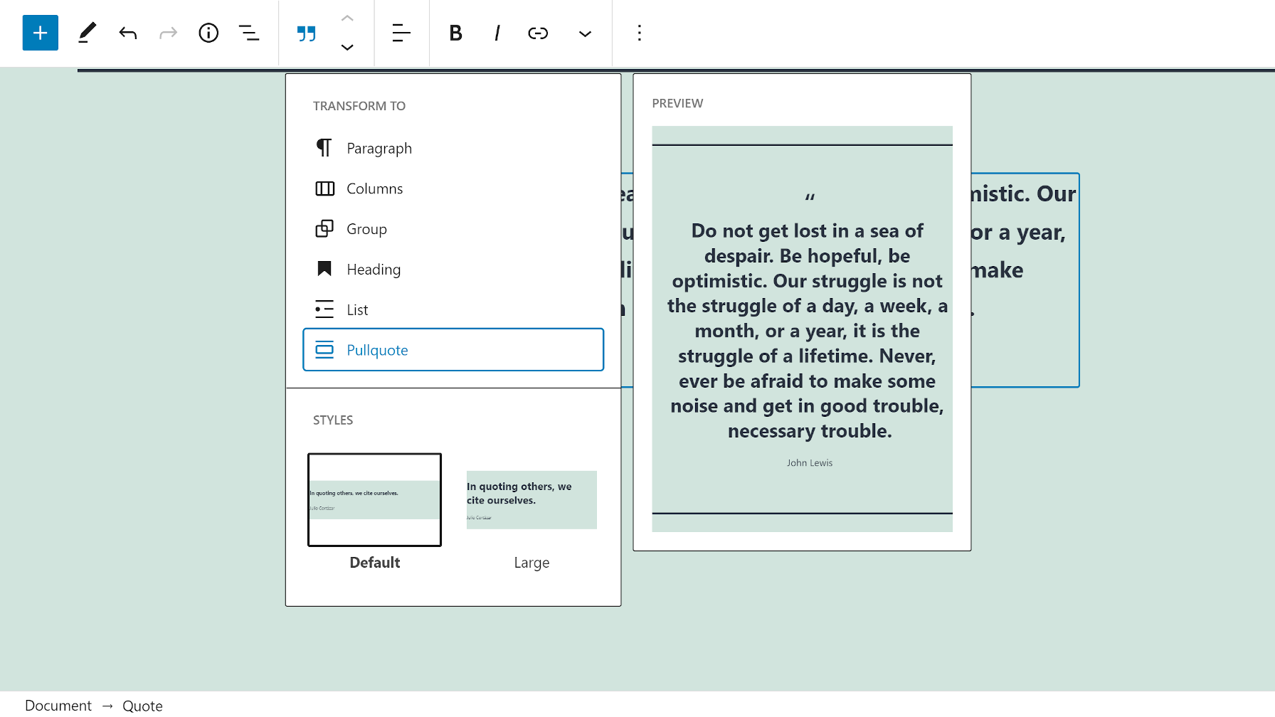 ブロックエディタでクォートをプルクォートに変換します。