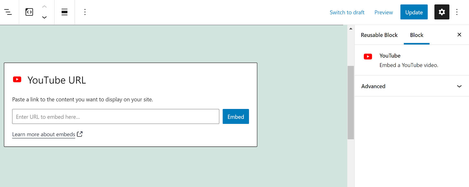 YouTube Embedブロックのバリエーションを使用し、その詳細をサイドバーに表示する例。