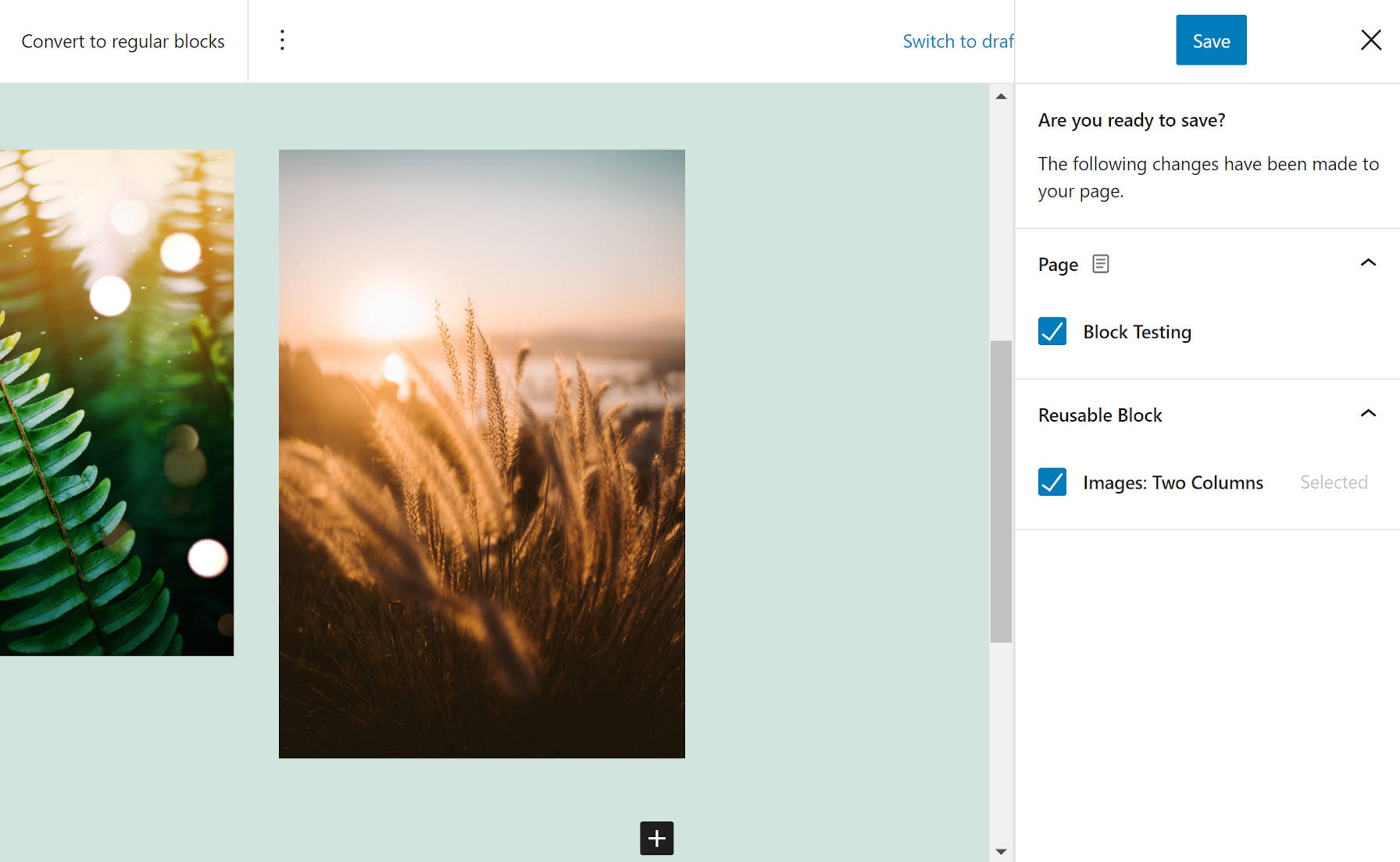 ブロックエディタで投稿と再利用可能なブロックを一度に保存します。