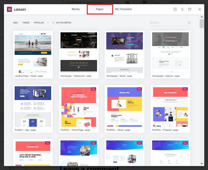 เทมเพลตหน้าใน elementor