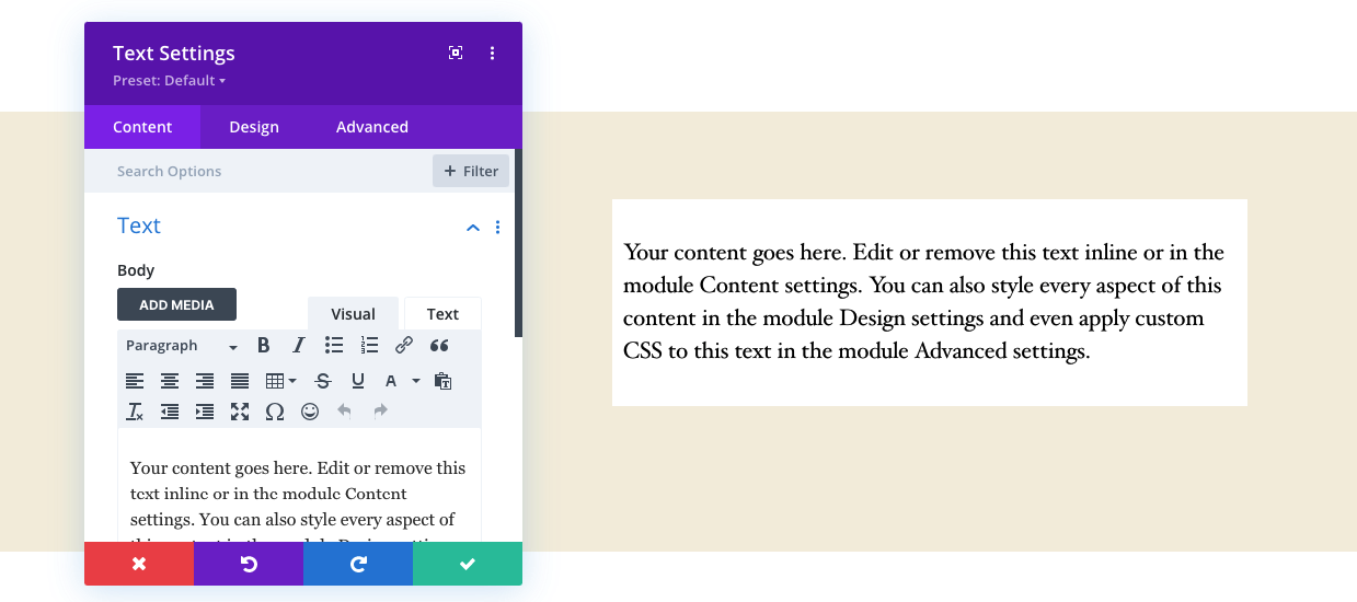 Divi vs Elementor: controles de texto Divi