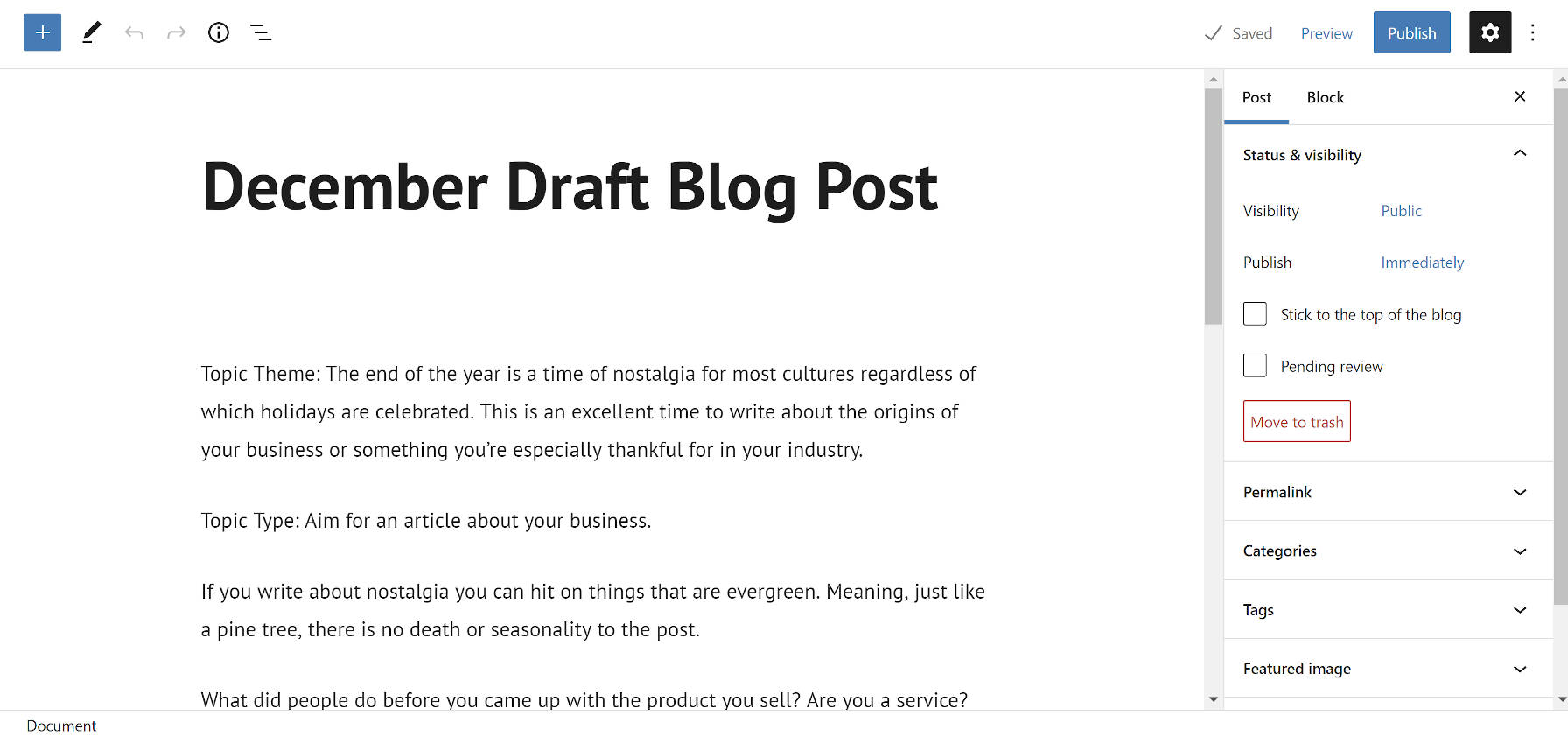 Editor di blocchi con una bozza di post di esempio dal plug-in Launch With Words.