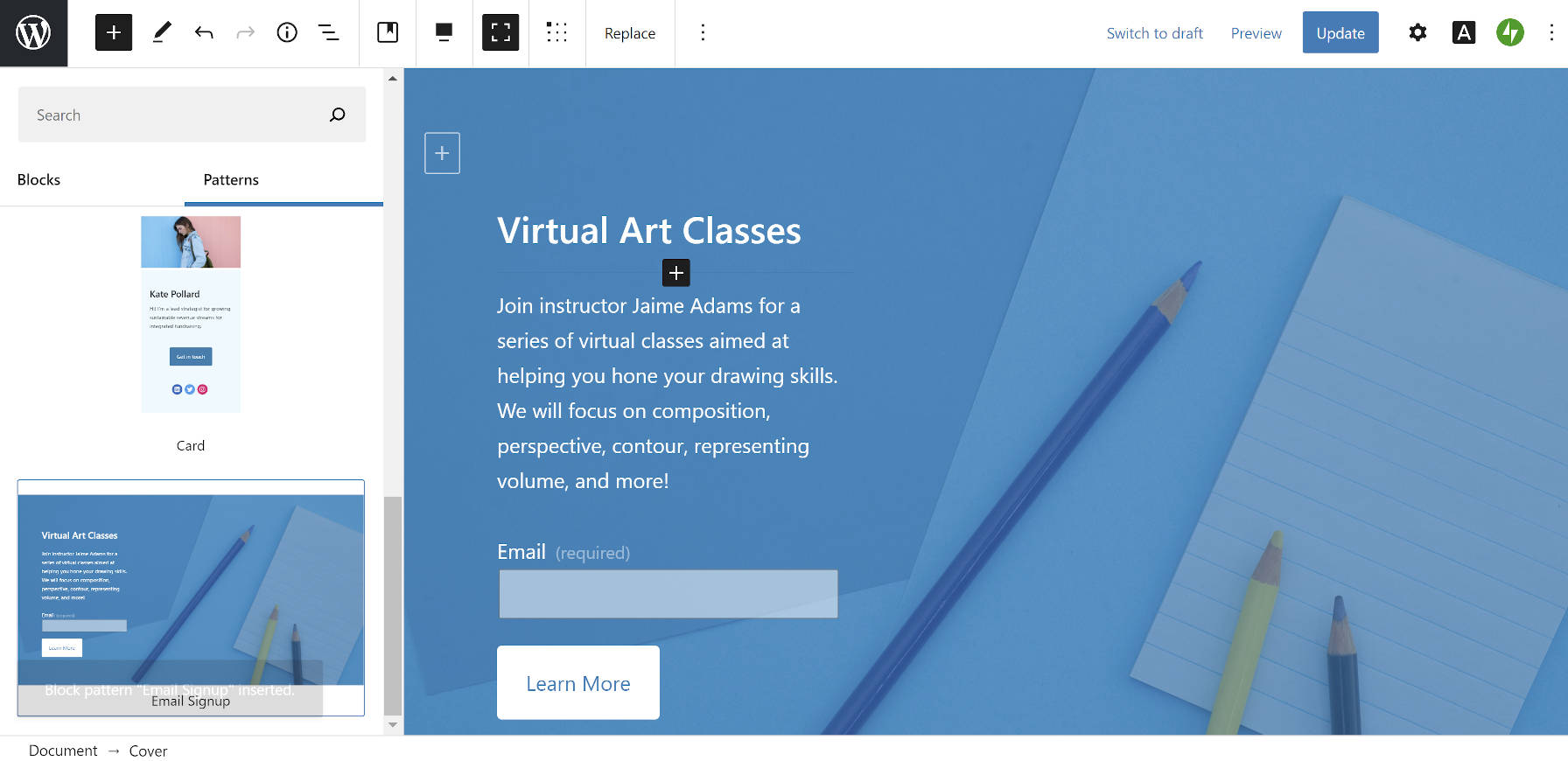 Шаблон подписки по электронной почте из темы WordPress Blank Canvas в редакторе блоков.
