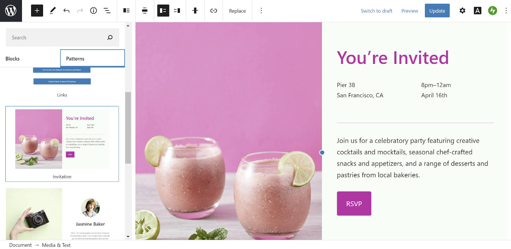 Шаблон блока приглашения из темы Blank Canvas в редакторе WordPress.