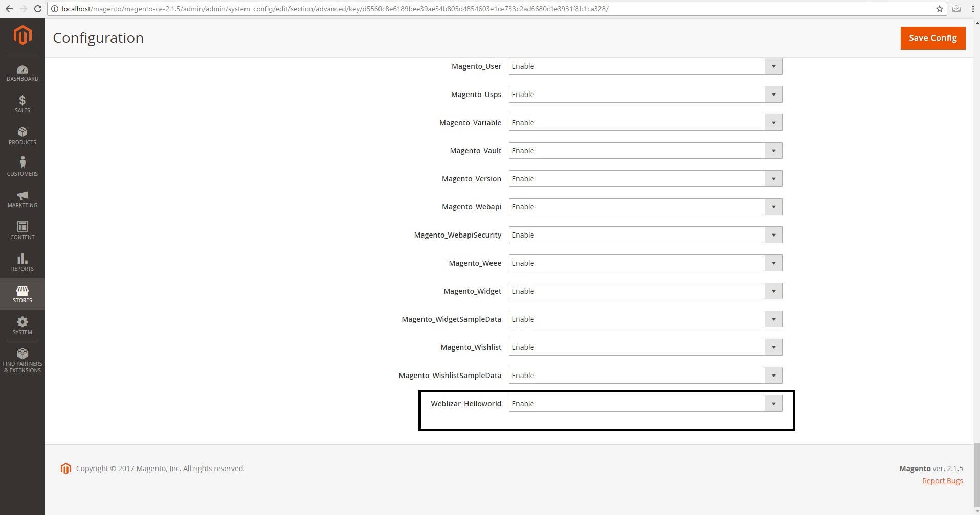 pannello di amministrazione magento durante la creazione di un'estensione