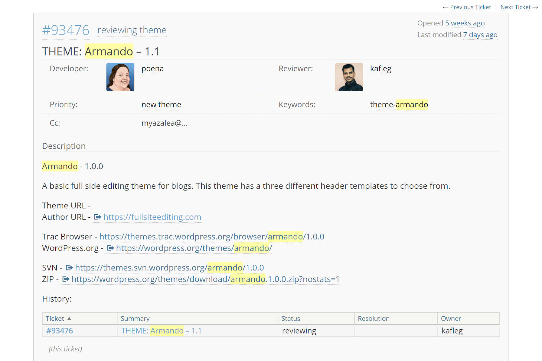 Revisione del tema WordPress.org Sistema Trac.