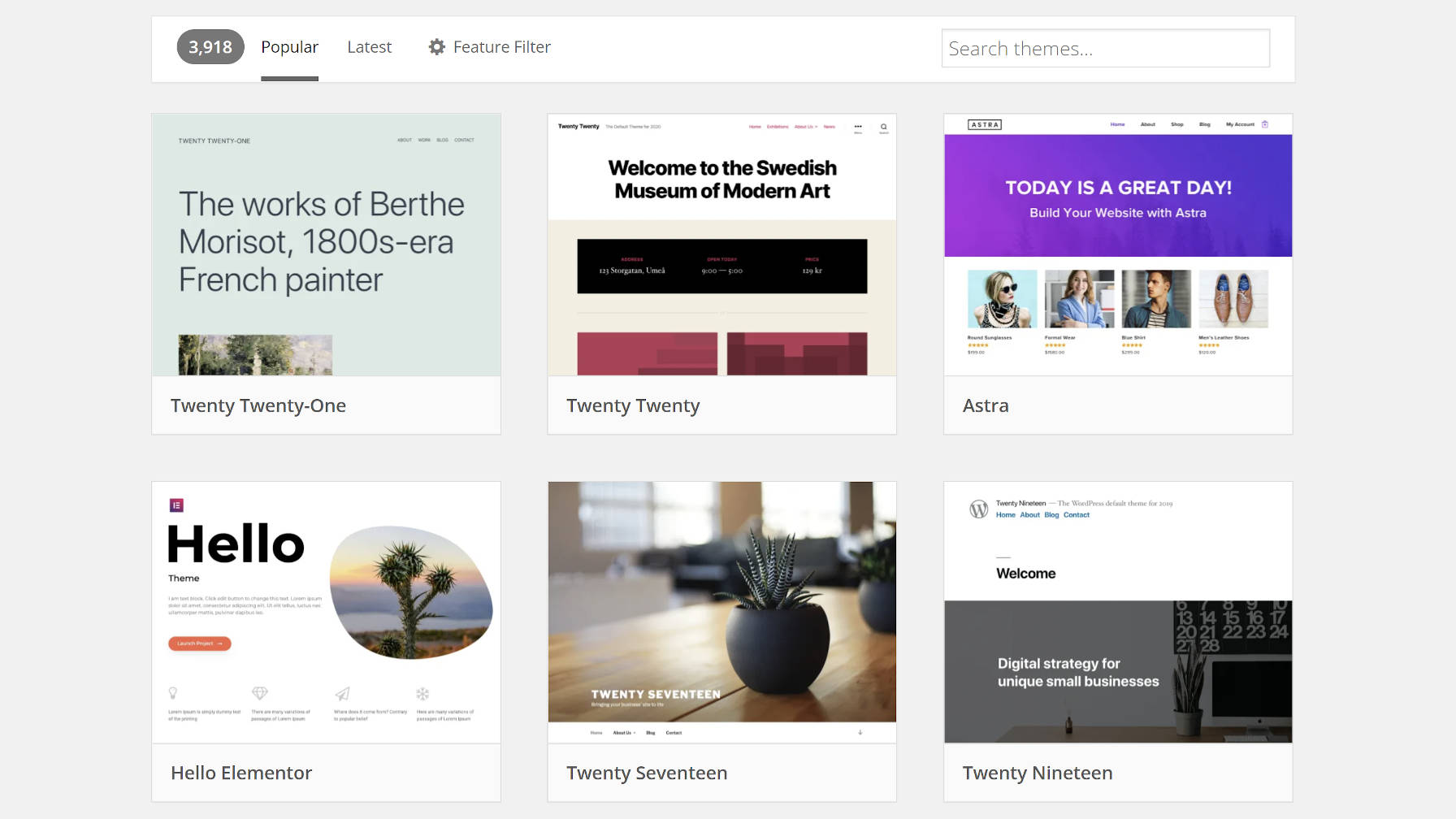 Elenco di temi popolari su WordPress.org.