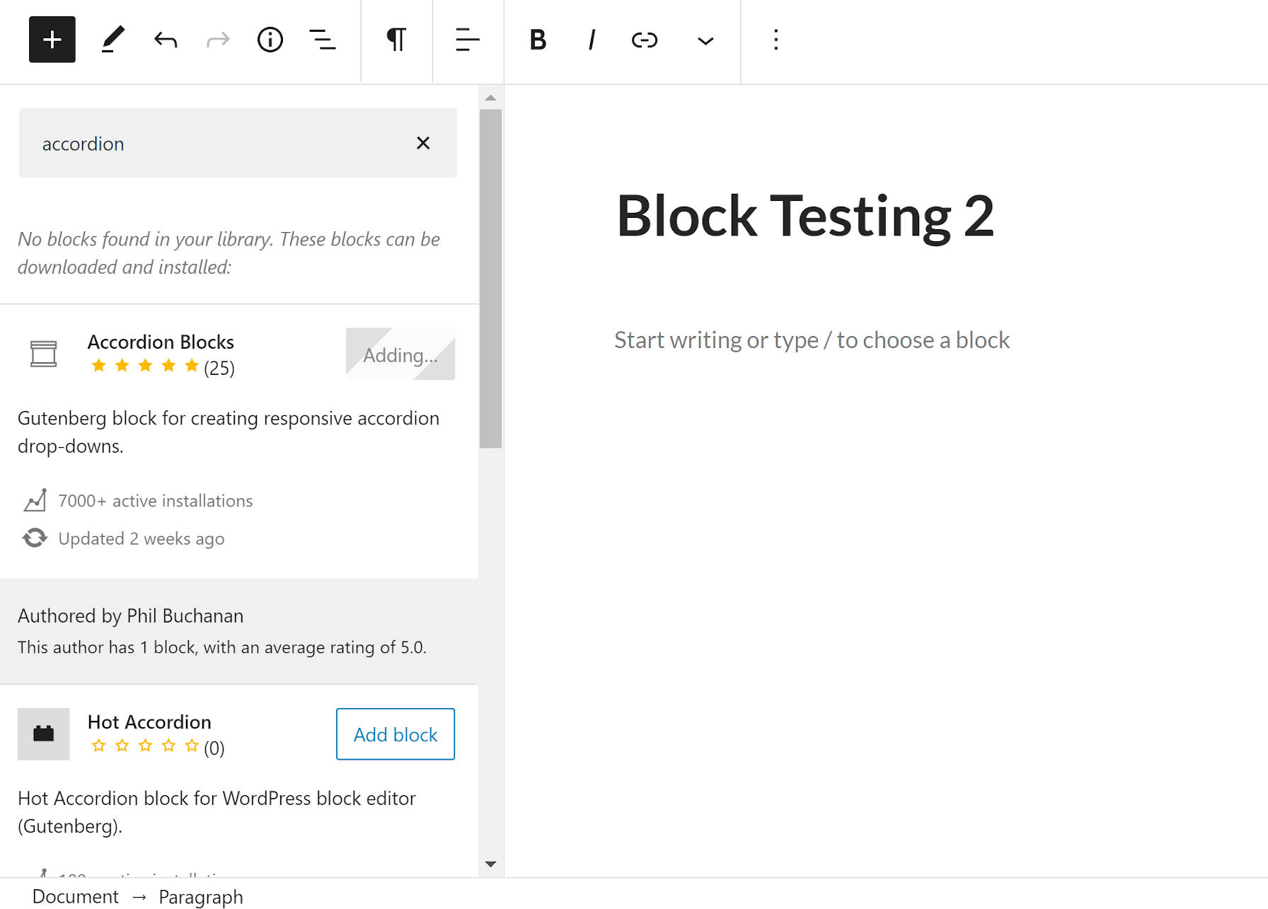 WordPress 편집기에서 직접 일회용 블록을 검색하고 설치합니다.