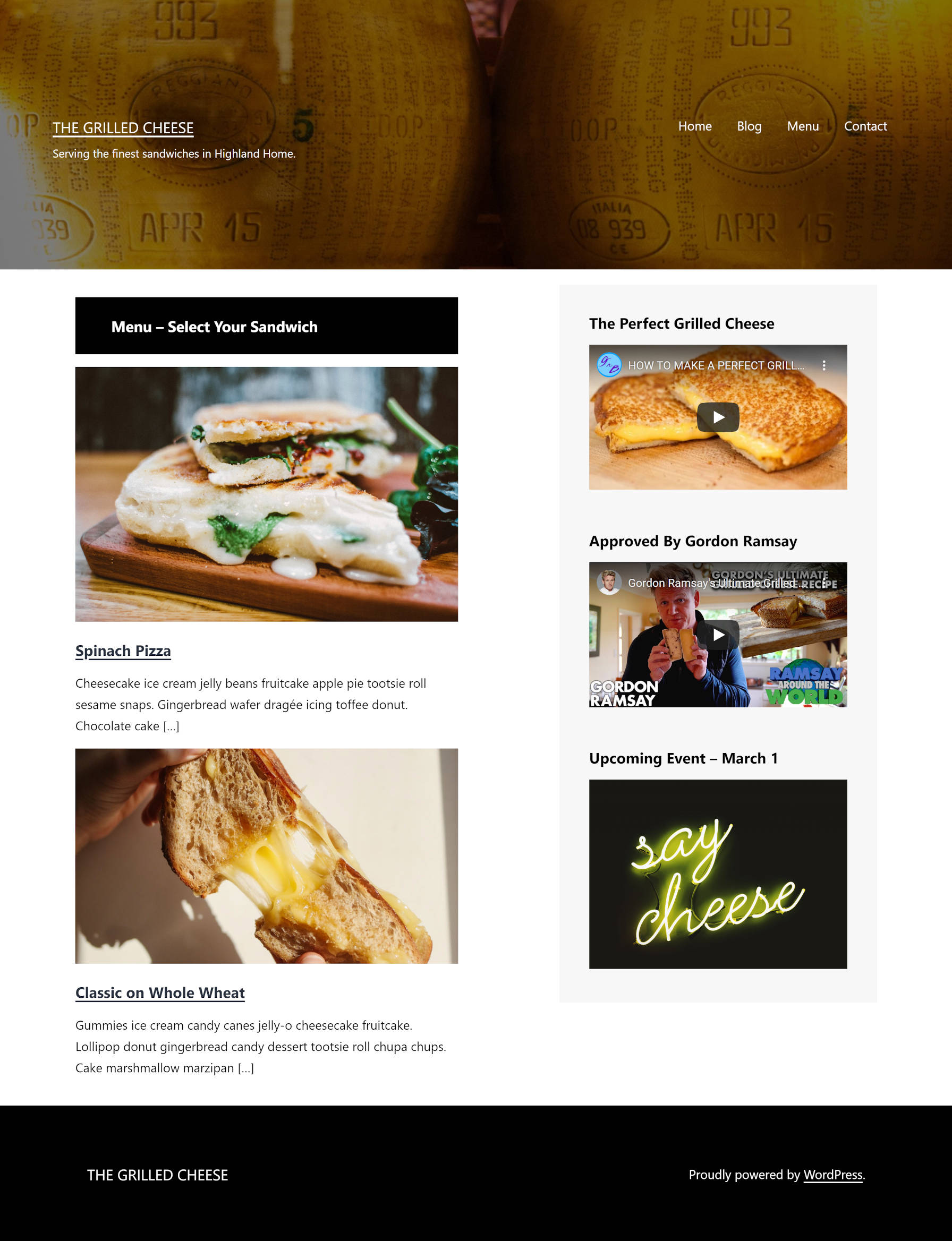 หน้าแรกที่ออกแบบเองผ่านเครื่องมือแก้ไขเว็บไซต์ของ Gutenberg สำหรับร้านอาหารที่สมมติขึ้น