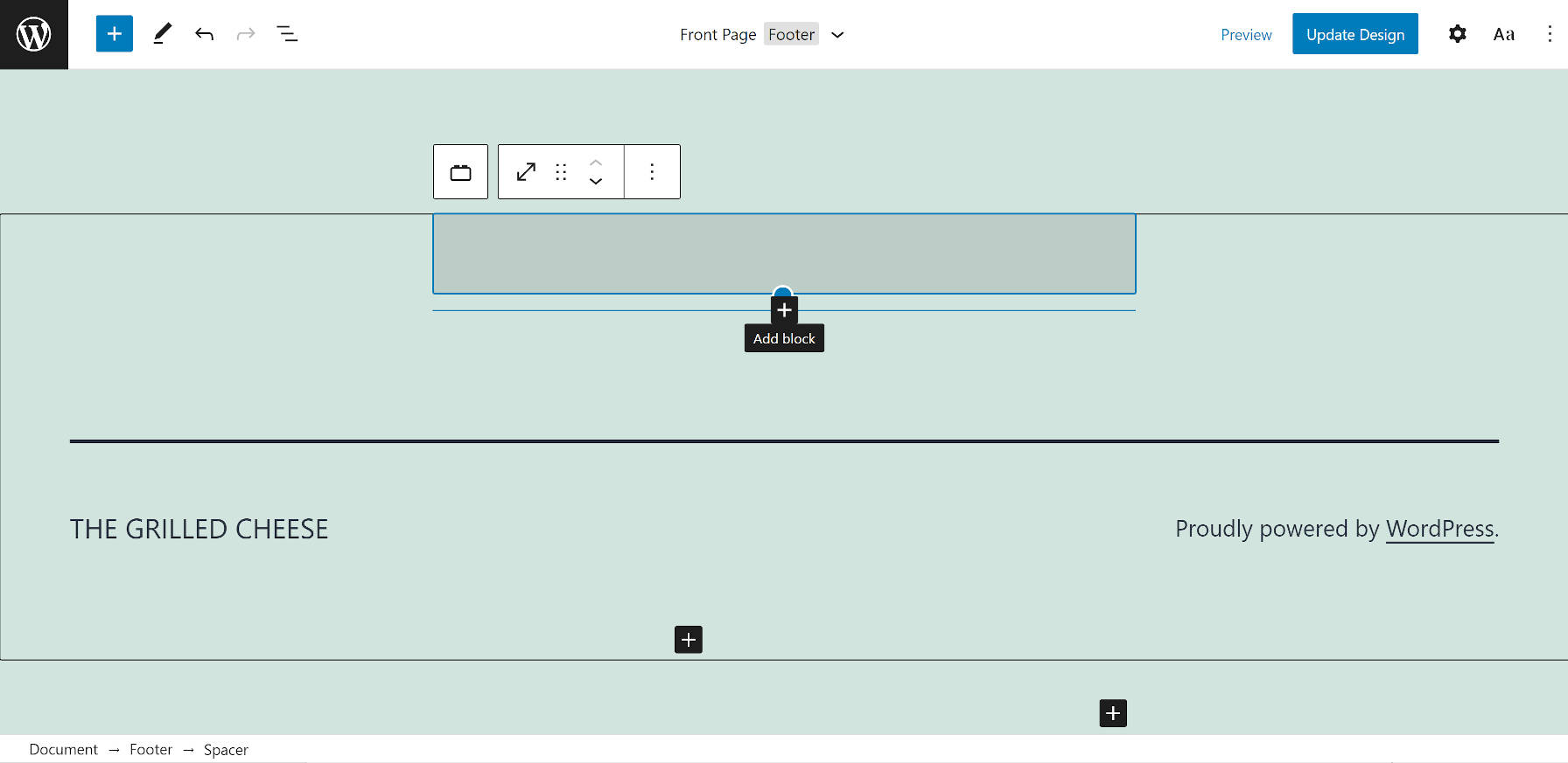 วางเมาส์เหนือไอคอน 'เพิ่มบล็อก' ในตัวแก้ไขไซต์